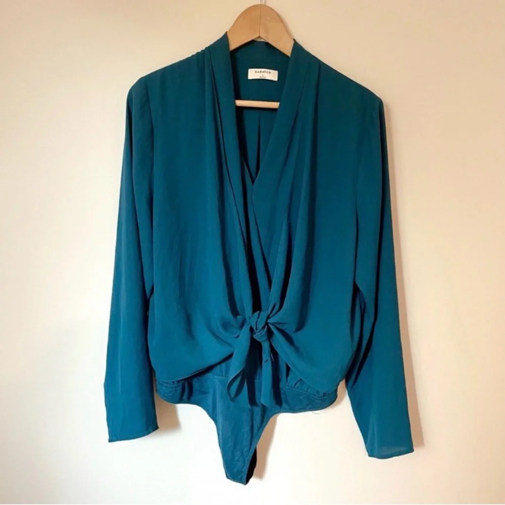 Aritzia Babaton Edgar's Teal Tie Front Bodysuit Size Large - Picture 2 of 6
